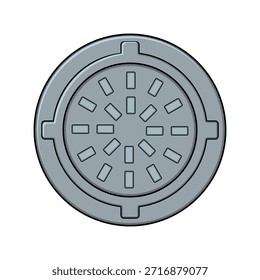 Cubierta circular de alcantarilla de metal que representa la infraestructura de la ciudad, que representa el acceso a servicios públicos, sistemas subterráneos, obras urbanas y necesidades de mantenimiento con una superficie texturizada distintiva