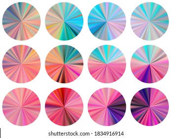 circular metallic gradient disk elements vector set. Polished vibrant medal shapes. Button metal gradient texture backgrounds. Label backgrounds graphic design.
