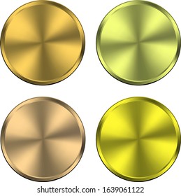 Placas vectoriales metálicas circulares, texturas de metal dorado 