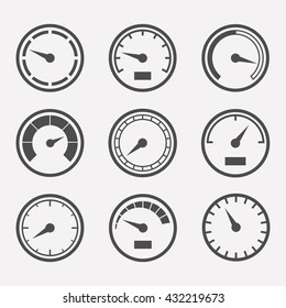 Circular meter icon vector set. Collection of round gauges. Black symbols speedometer, tachometer and manometer. 