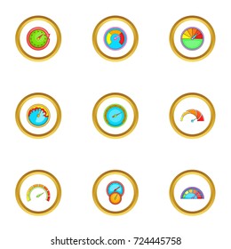 Circular meter icons set. Cartoon style set of 9 circular meter vector icons for web design