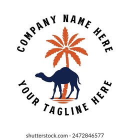 Circular Middle East Desert with Palm Date and walking Camel Silhouette Illustration Vector