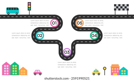 Circular Milestone Roadmap with Five Stages, Traffic Lights, and Finish Line Elements Vector Illustration