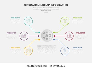 circular mind map infographic outline style with 6 point template with big circle centered with small outline circle connection for slide presentation vector