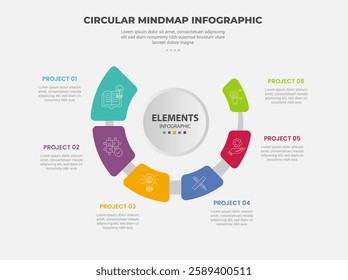 circular mind map infographic outline style with 6 point template with big circle center and speedometer half circular for slide presentation vector