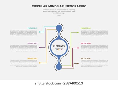 circular mind map infographic outline style with 6 point template with creative circle and dot line connection stacked left and right for slide presentation vector