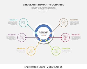 circular mind map infographic outline style with 6 point template with big circle and outline line connected for slide presentation vector