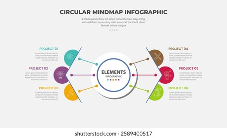 circular mind map infographic outline style with 6 point template with big circle centered spreading with arrow structure for slide presentation vector