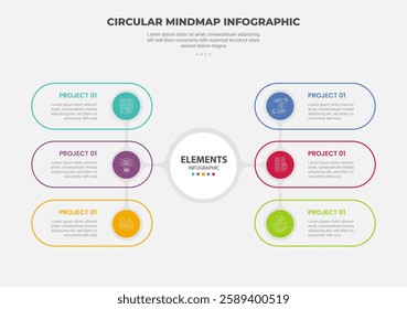 circular mind map infographic outline style with 6 point template with big circle centered with round rectangle stacked for slide presentation vector