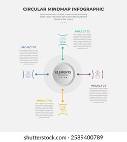 circular mind map infographic outline style with 4 point template with big circle centered with dot line spreading for slide presentation vector