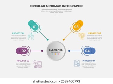 circular mind map infographic outline style with 4 point template with half circle base structure with round rectangle spreading around for slide presentation vector