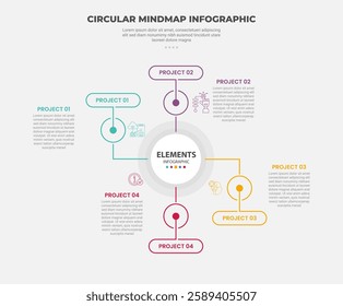 circular mind map infographic outline style with 4 point template with big circle with outline circle circular for slide presentation vector