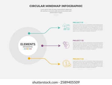 circular mind map infographic outline style with 3 point template with big circle left position smooth round arrow line connection for slide presentation vector