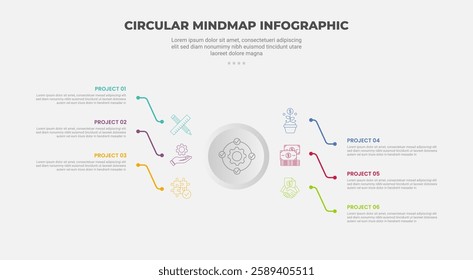 circular mind map infographic outline style with 6 point template with big circle and smooth line dot connection for slide presentation vector