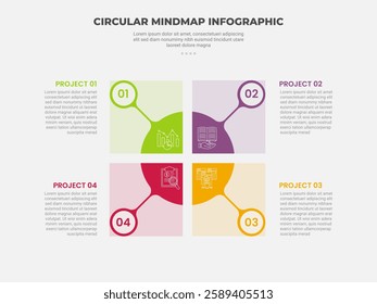 circular mind map infographic outline style with 4 point template with square matrix center with circle line connection for slide presentation vector