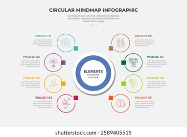 circular mind map infographic outline style with 8 point template with big circle centered with small circle circular for slide presentation vector