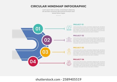 circular mind map infographic outline style with 4 point template with creative half circle with line direction horizontal for slide presentation vector