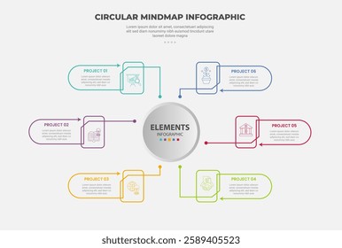 circular mind map infographic outline style with 6 point template with big circle centered with line spreading circular connection for slide presentation vector