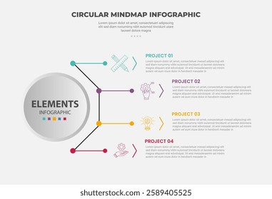 circular mind map infographic outline style with 4 point template with big circle left with strict line dot connection with arrow for slide presentation vector