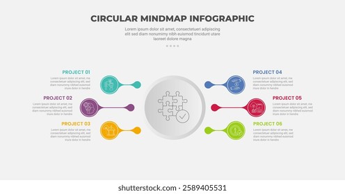 circular mind map infographic outline style with 6 point template with big circle centered and small circle fluid wave for slide presentation vector