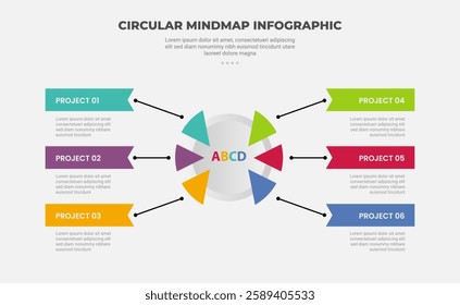 circular mind map infographic outline style with 6 point template with big circle centered with arrow and header badge for slide presentation vector