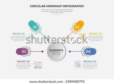 circular mind map infographic outline style with 4 point template with half circle base structure with round rectangle spreading around for slide presentation vector