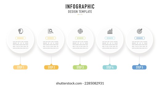 Plantilla o elemento infográfico de mapa mental circular con 5 pasos, proceso, opción, círculo colorido, iconos, etiqueta, línea delgada, símbolo, signo, etiqueta, botón, diapositiva de destino para la venta, estilo sencillo mínimo 