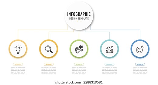 Circular mind map infographic template or element with 5 step, process, option, colorful circle, thin line, icons, fishbone, paper cut origami, linear, 3D tag for sale slide, internet, brochure, web