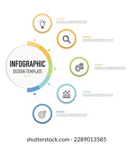 Plantilla o elemento infográfico de mapa mental circular con 5 pasos, proceso, opción, círculo 3D colorido, etiqueta, botón, barra, línea delgada, iconos, diapositiva de etiqueta para la venta, folleto, diagrama de flujo, internet, banner, web