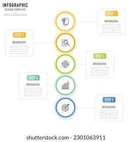 Plantilla o elemento infográfico de mapa de mente circular con 5 pasos, proceso, opción, viñeta, círculo 3D colorido, rectangular, rectangular, cuadrado, iconos, etiqueta, lineal, línea delgada para la venta diapositiva, diagrama de flujo