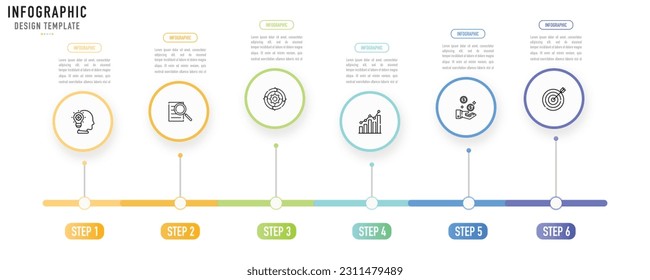 Circular mind map infographic template or element with 6 step, process, option, colorful circle, button, tag, label, icons, paper origami, bar, line, layer, minimal, modern style for sale slide, web