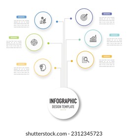 Infografik-Schaltplan mit Infografik-Vorlage oder -Element mit 6 Schritten, Prozess, Option, bunter Kreis, Symbolen, Etikett, dünne Linie, PapierOrigami, minimaler, moderner Stil für Poster, Objektträger, Flussdiagramm, Web
