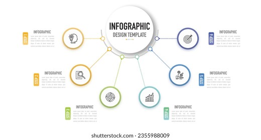 Circular mind map infographic template or element with 6 step, process, option, colorful circle, button, paper origami, tag, label, minimal style for sale slide, agenda, schedule, planner organization