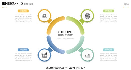 Circular mind map infographic template or element with 4 step, process, option, colorful circle, label, paper origami, rectangle, pie for poster, sale slide, flowchart, workflow, minimal style