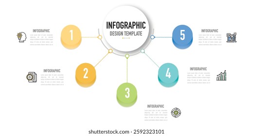 Circular mind map infographic template or element with 5 step, process, option, colorful circle, button, paper origami, tag, label, minimal style for sale slide, agenda, schedule, planner organization