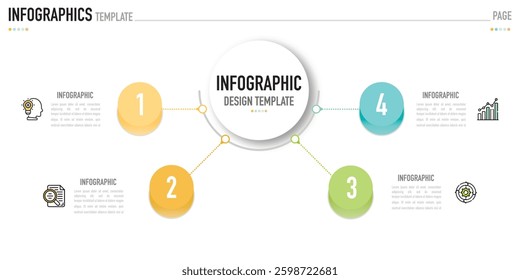 Circular mind map infographic template or element with 4 step, process, option, colorful circle, button, paper origami, tag, label, minimal style for sale slide, agenda, schedule, planner organization