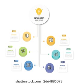 Circular mind map infographic template or element with 6 step, process, option, colorful circle, rectangle, label, icons, button, thin line, minimal, modern style for sale slide, flowchart, workflow