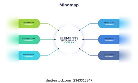 Circular mind map or scheme with six colorful circular elements. Modern infographic design template. Simple glassmorphism vector illustration for visualization of business information, presentation.