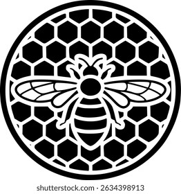 Circular Minimalist Bee and Honeycomb Vector Logo – Organic Emblem Illustration for Stickers, Packaging, Labels and Branding