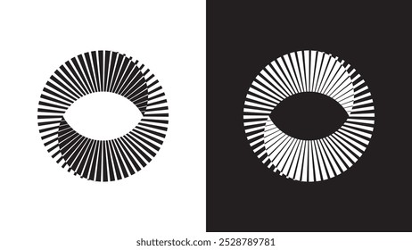 Olho móvel circular, padrão geométrico minimalista de círculos concêntricos com linhas agudas e radiantes, efeito óptico em preto e branco.