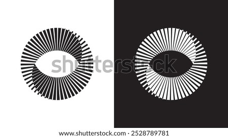 Circular mobius eye, minimalist geometric pattern of concentric circles with sharp, radiating lines, optical effect in black and white color.