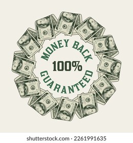 Circular money frame with folded in half US dollars bills, copy space, copy placement. Logo, emblem, badge for advertisement, sale, offer, discount, winner award, congratulations