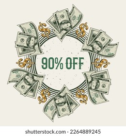Circular money frame with folded US dollar bills, gold dollar sign, copy space. Logo, emblem, badge for advertisement, sale, offer, discount, winner award, congratulations