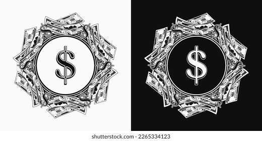 Marco monetario circular con billetes doblados en dólares estadounidenses, signo en dólares, espacio de copia. Logotipo, emblema, insignia para publicidad, venta, oferta, descuento, premio ganador, felicitaciones