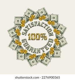 Circular money frame with folded US dollar bills, golden coins, copy space, copy placement. Logo, emblem, badge for advertisement, sale, offer, discount, winner award, congratulations