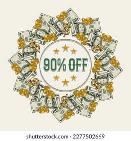 Circular money frame with folded US dollar bills, golden coins, gold dollar sign, copy space. Logo, emblem, badge for advertisement, sale, offer, discount, winner award, congratulations