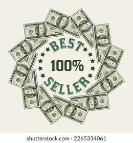 Circular money frame with US dollar bills, copy space, copy placement. Logo, emblem, badge for advertisement, sale, offer, discount, winner award, congratulations