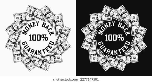Rundschreiben mit US-Dollar-Scheinen, Kopienraum, Kopienplatzierung. Logo, Emblem, Badge für Werbung, Verkauf, Angebot, Rabatt, Gewinnerpreis, Glückwünsche