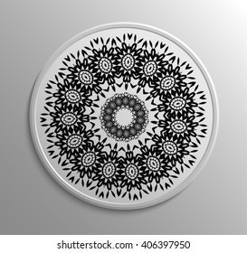 Circular monochromatic lace pattern. Vintage style. Decoration plate. Indian art. Can be used for invitation, menu, card design, pillow design, banners, retro button, signs and others. 