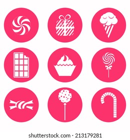 Circular and monochrome candy icons with lollipops, ice cream, bubble gum, gift and several candies